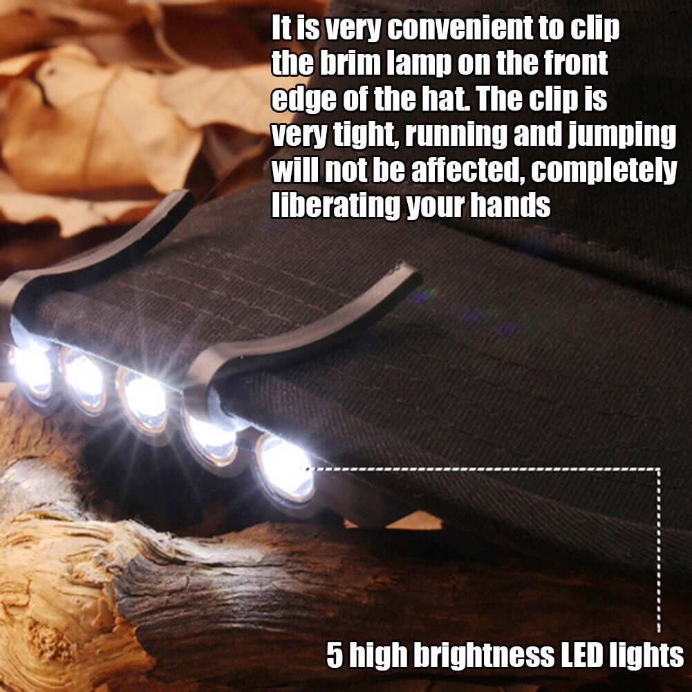 Clip-on Cap Hat Lamps 5 LED Headlamp Flashlight Camping Fishing Head Light