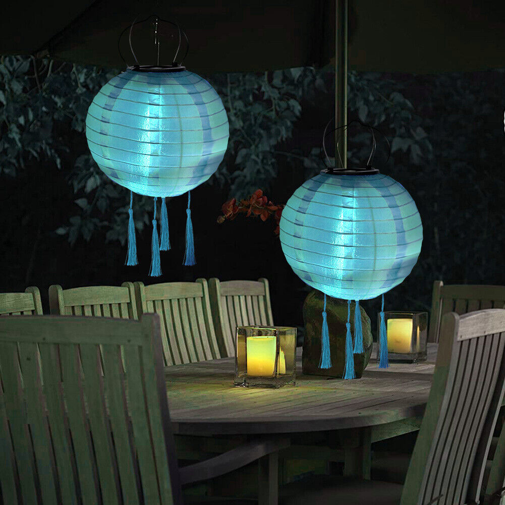 Solar Nylon Lantern Lamp Waterproof Outdoor Hanging Lamp Decor (Light Blue)