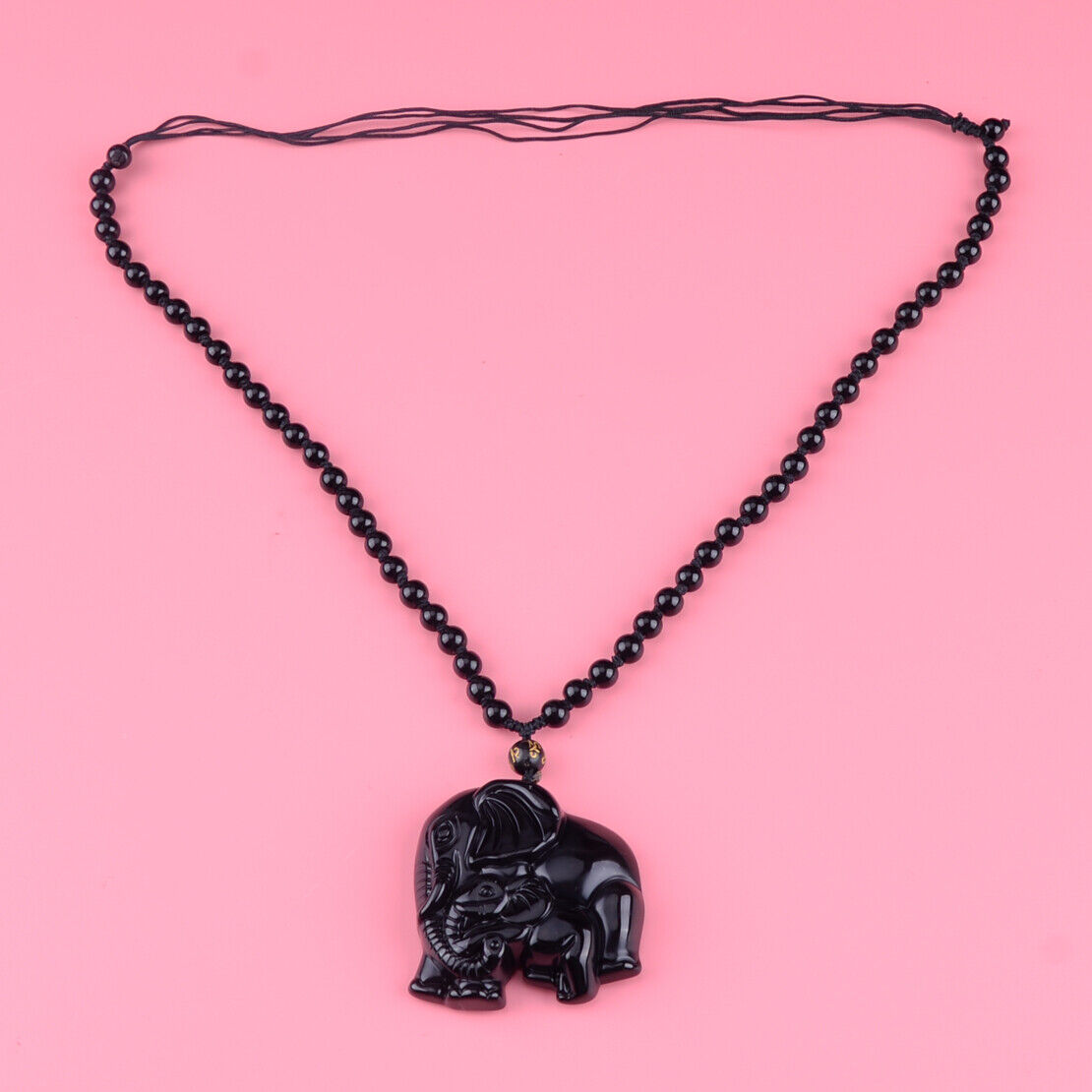 Natural Obsidian Stone Carved Cute Elephant Lucky Pendant Beads Necklace li