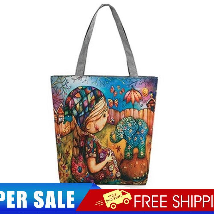 Cartoon girl and elephant Printed large-capacity one-shoulder handbag