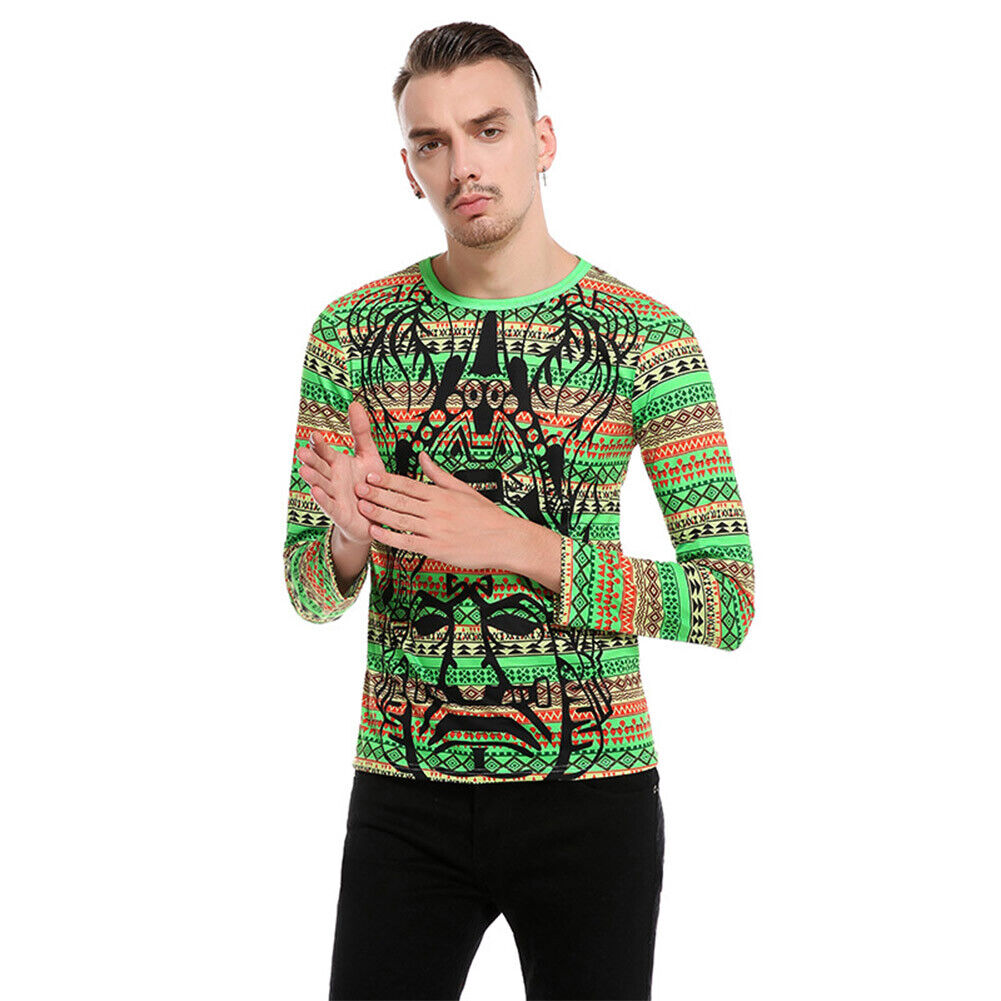 Cartoon Striped Print Men Long Sleeve T-shirt Casual O-Neck Tops Tee(XXL)-1