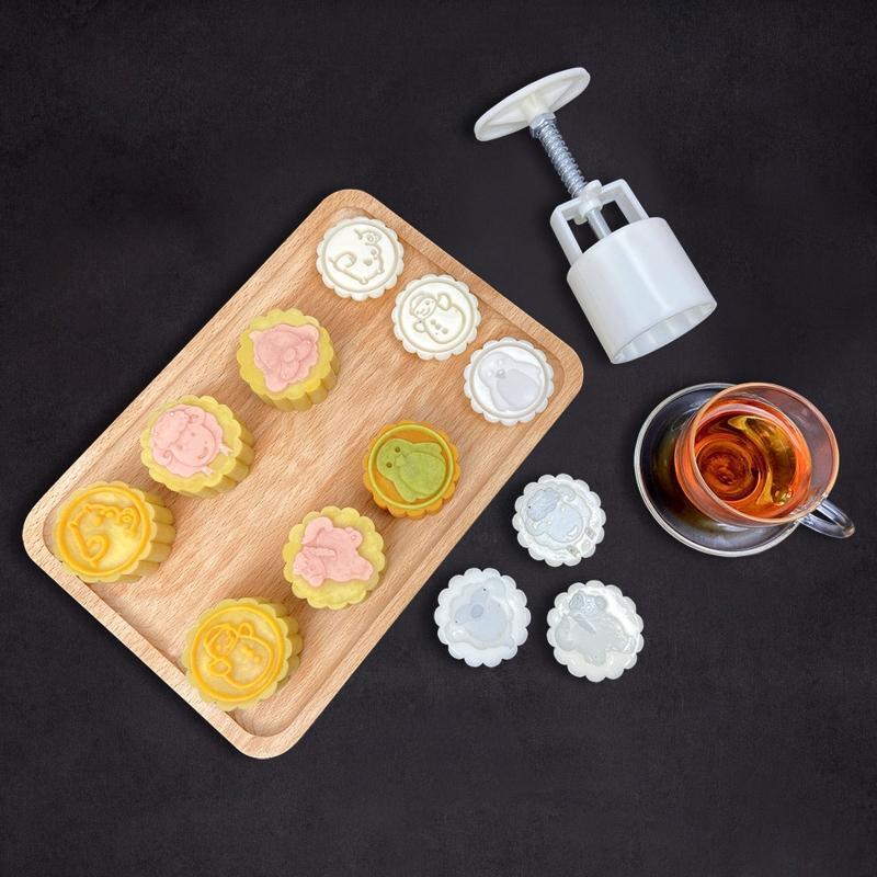 Mid Autumn Festival Moon Cake Mold w/ Cartoon Animal Stamps 50g Home Baking Tool