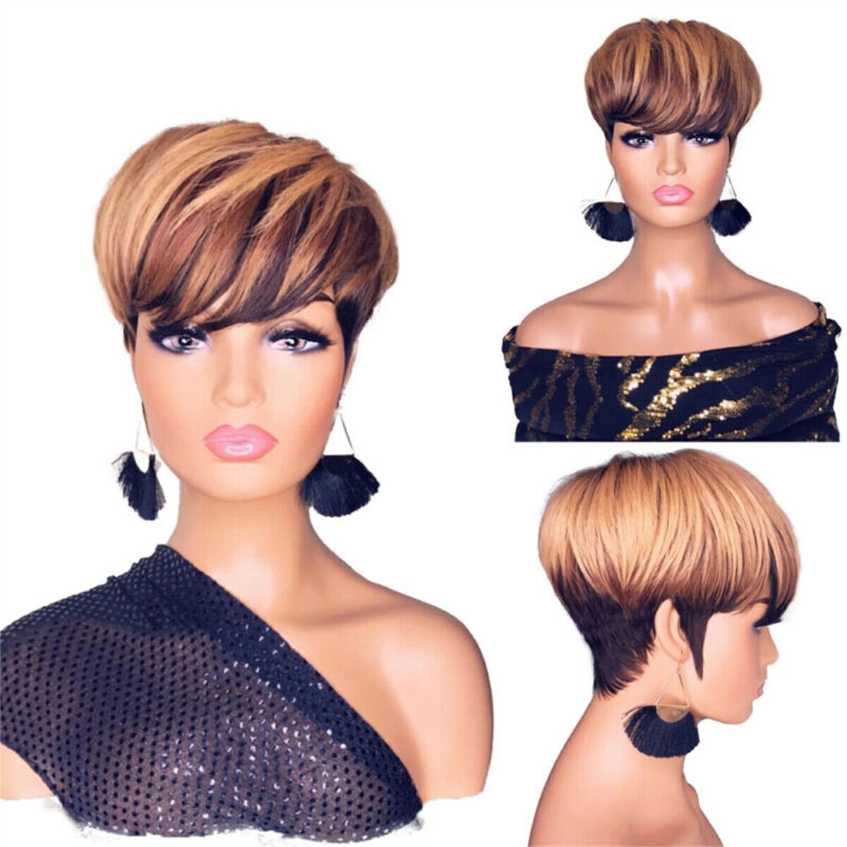 Short Honey Blonde Ombre Brazilian Human Hair Bob Wig With Bangs Pixie Cut Wigs
