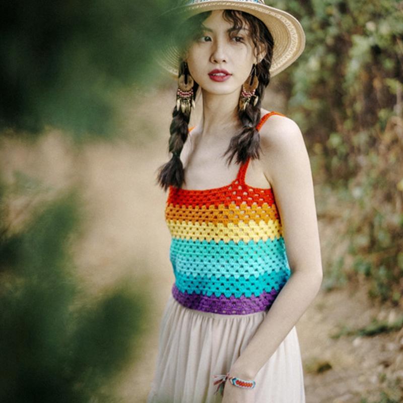 Women Beach Spaghetti Strap Camisole Crochet Lace-Up Rainbow Striped Crop Top