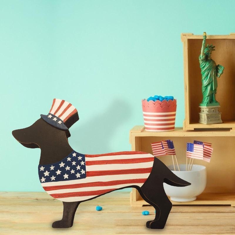 Independence Day Wooden Carved Dog Ornament 4th of July Wood Crafts