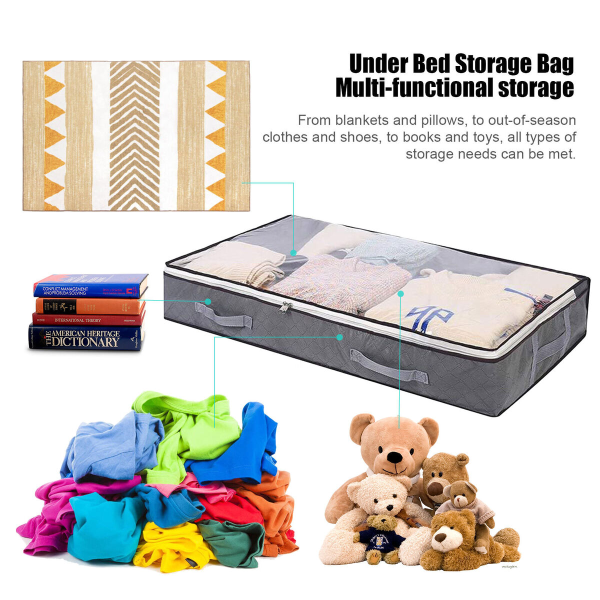 Under Bed Storage Organizer Reinforced Handle Clear Window for Clothing
