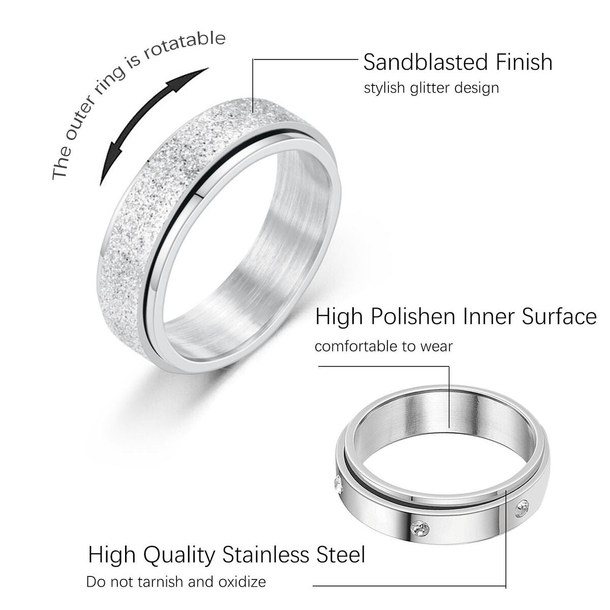 Stainless Steel Anti Anxiety Rings 8pcs Stress Relief Band Ring (8)