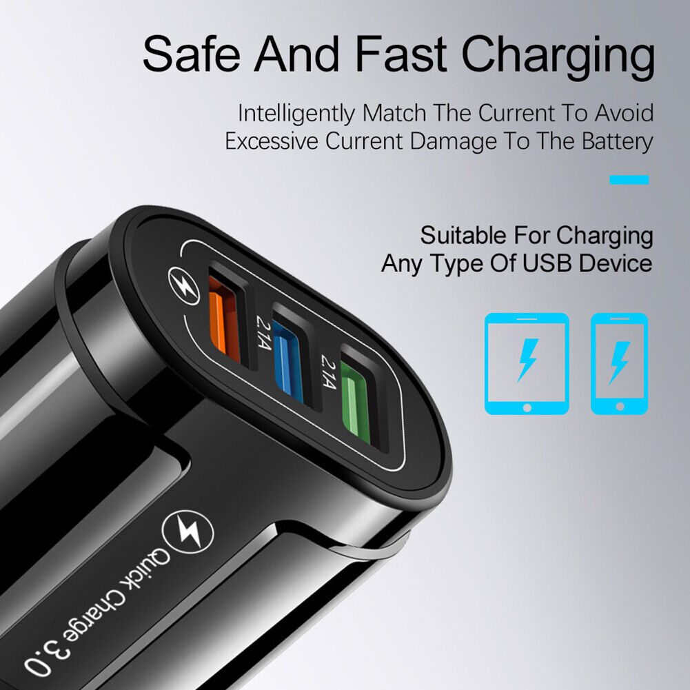 EU Plug 3 Port USB Charger QC3.0 Wall Phone Fast Charging Adapter (Black)