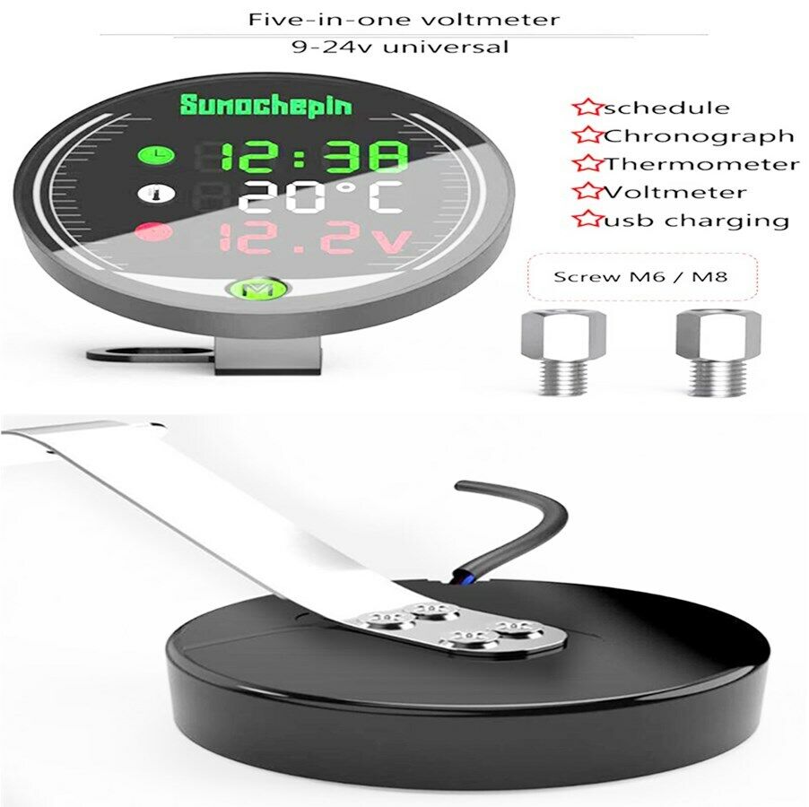 Motorcycle USB Charger Voltmeter Display Table LED Volt Meter Clock Thermometer