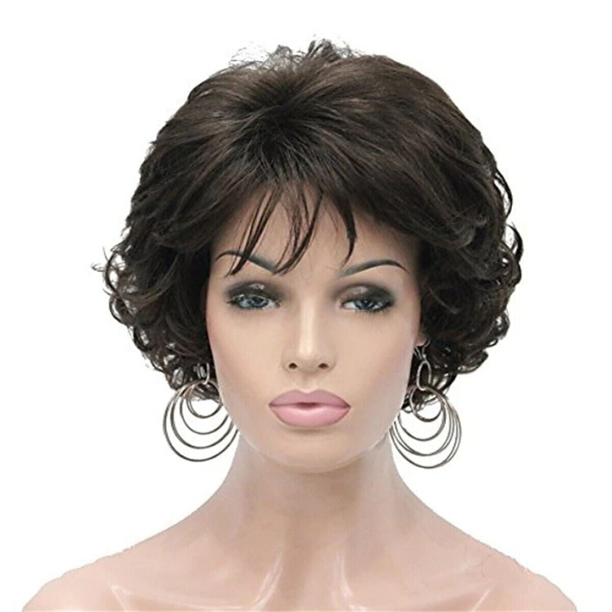 Women Ladies Fashion Short Curly Wig Natural Brown BOB Wavy Hair Wigs with Bangs