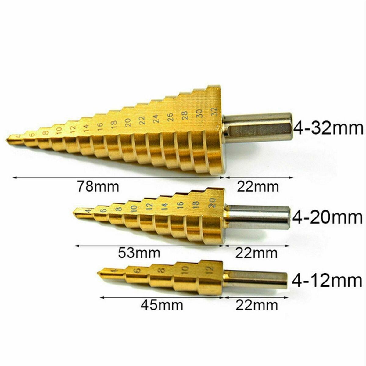 3pcs Spiral Grooved Step Drill  , High  Steel Titanium Coated, HSS