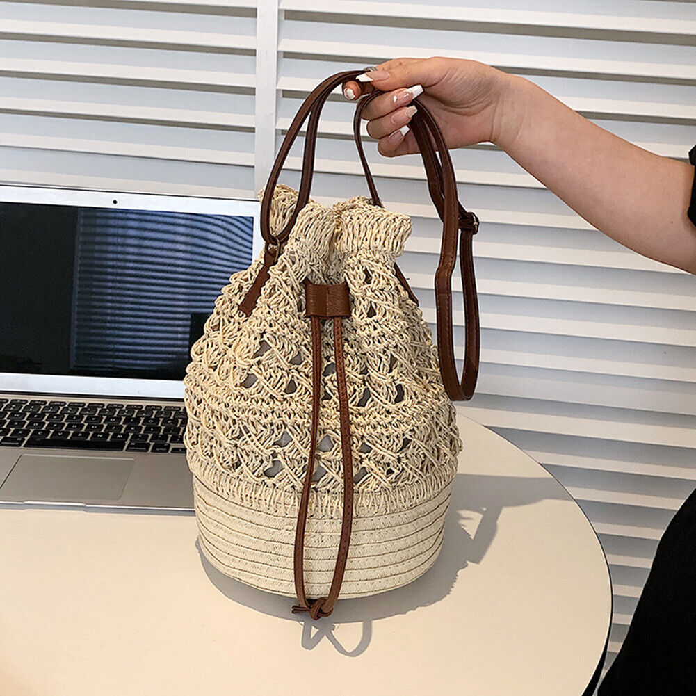 Straw Women Hand-Woven Rattan Bucket Tote Drawstring Shoulder Bags (Beige)