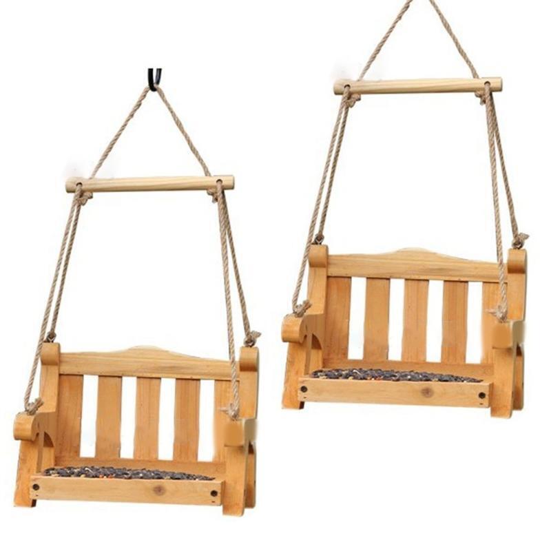 Hanging Bird Feeder Wooden Swing Bench Food Tray Outdoor Decor for Yard Balcony
