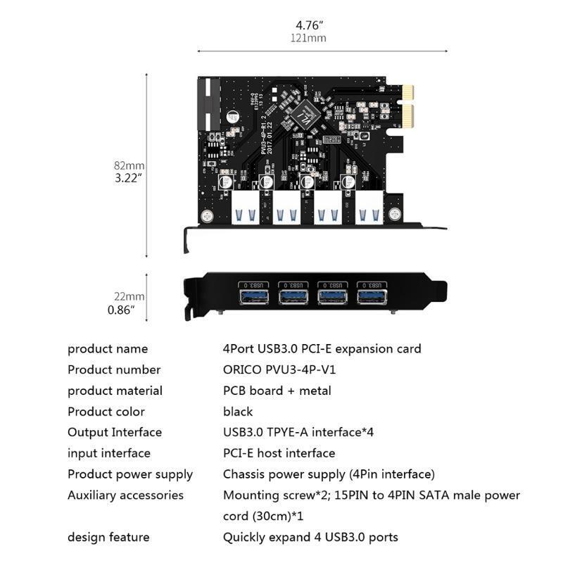 4Port USB3.0 PCI-E Expansion Card 5Gbps Power Socket 4pin Power Interface