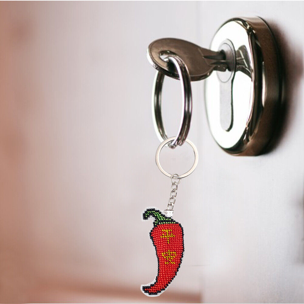 DIY Full Bead Cross Stitch Keychain Chili Printed Embroidery Keyring Gifts