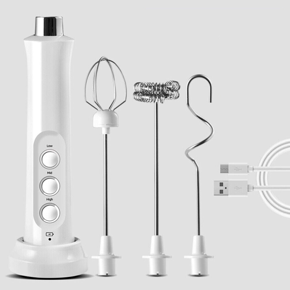 USB Electric Milk Frother 3 Whisk Coffee Foamer Handheld Egg Mixer (White)