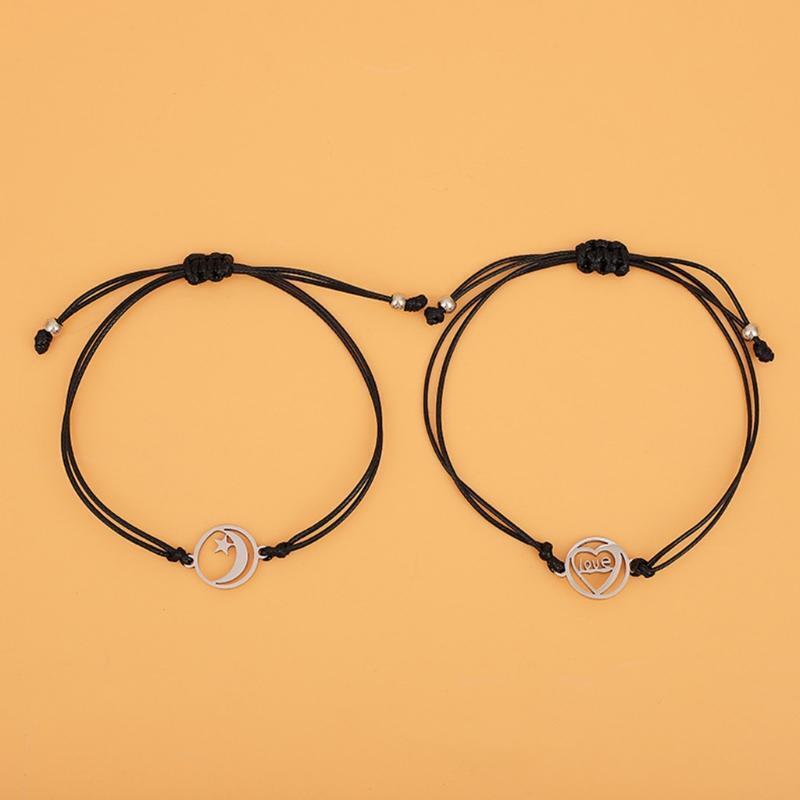 2 Pcs Moon Stars Love Woven Bracelet Set Best Friend Matching Jewelry Gift