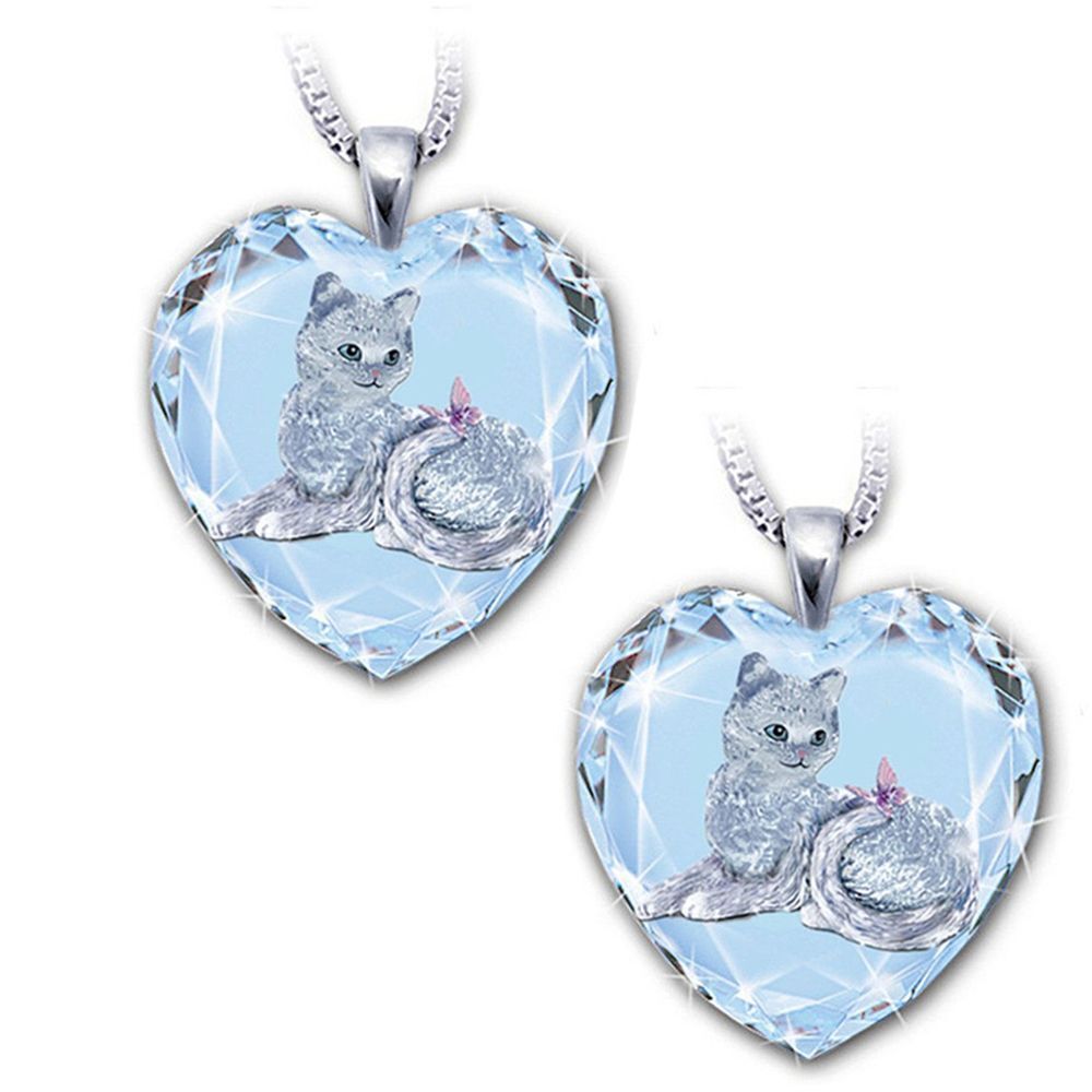 Party White Crystal Cat Pattern Pendant Heart Shaped Jewelry Women's Necklace