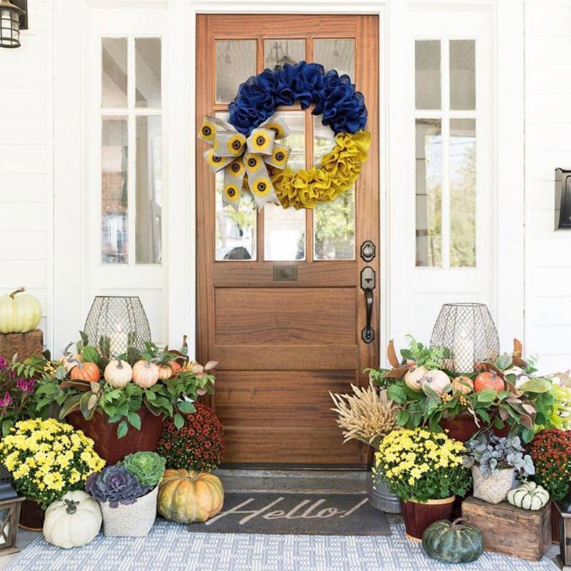 Ukraine Flag Ruffled Front Door Wreath with Sunflower Bowknot Garland Home Decor
