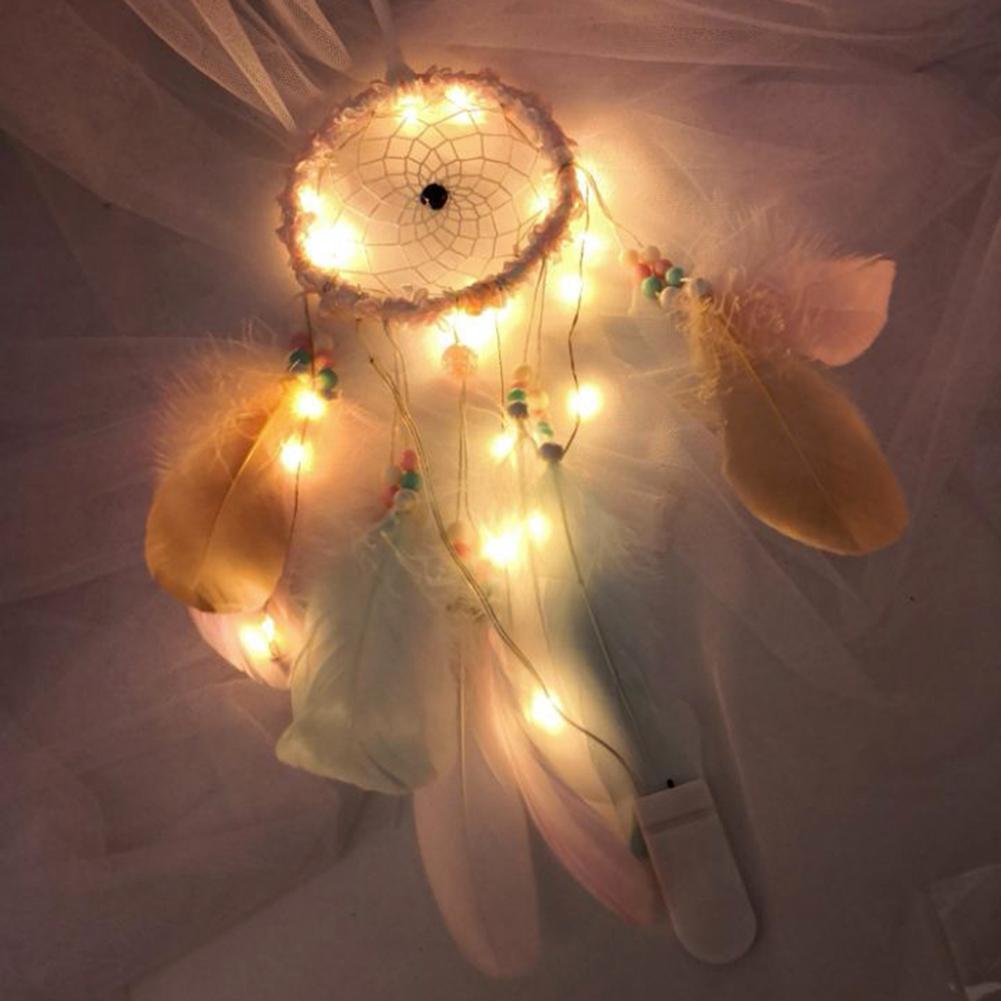 Romantic Feathers Beads Light Dream Catcher Bedroom Hanging Pendant Decor