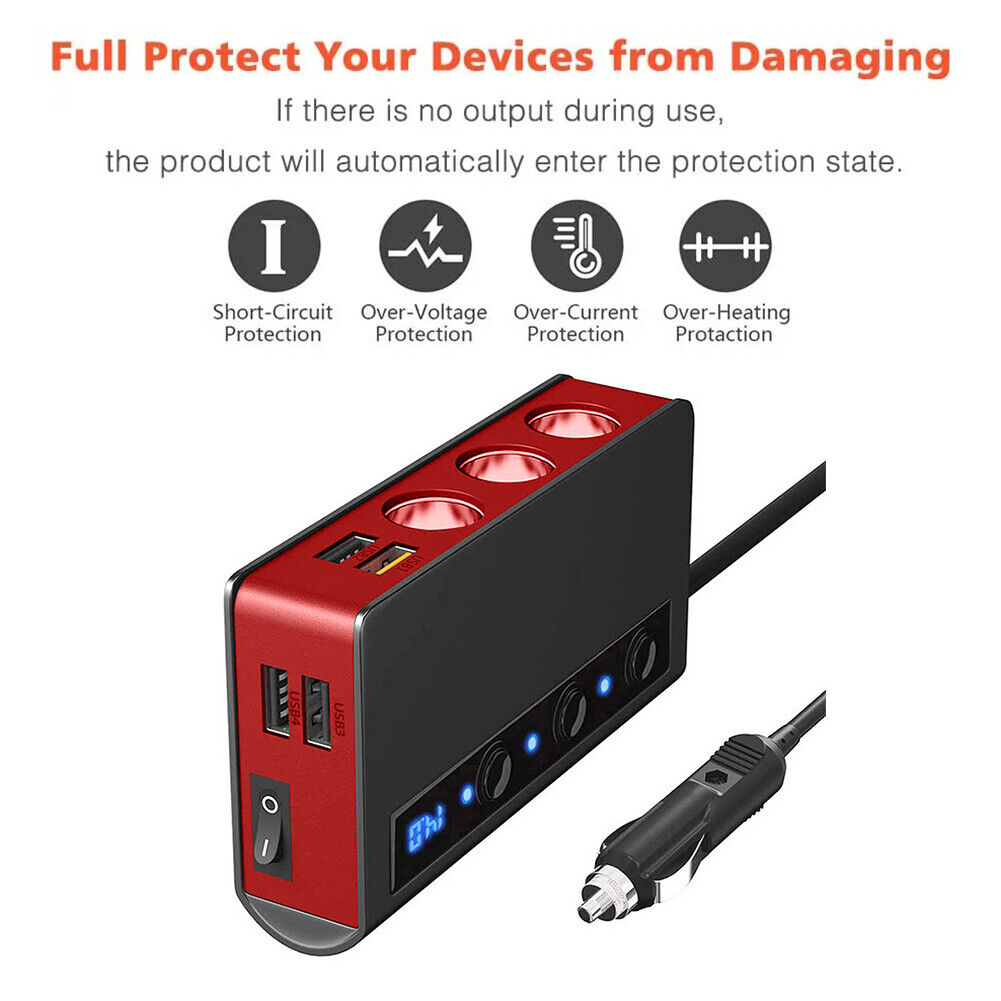 QC3.0 Cigarette Lighter 3 Socket 180W Power Adapter USB Car Charger (Red)