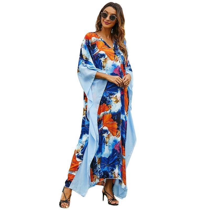 Women Middle East Long Dress 3/4 Sleeve Abstract Floral Beach Cover Up Kaftan