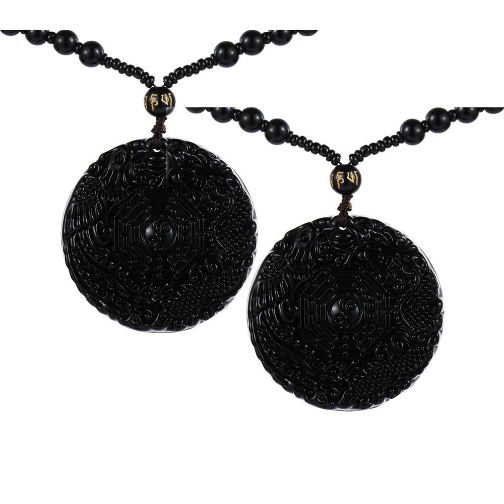 Black Mens Women Dragon Phoenix Carved BaGua Obsidian Necklace Lucky Pendant