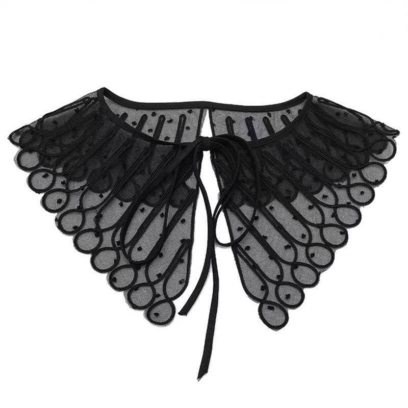 Women Emboridery Twist Striped Dot Collar Sheer Shawl Shrug Lace-Up Scarf Cape