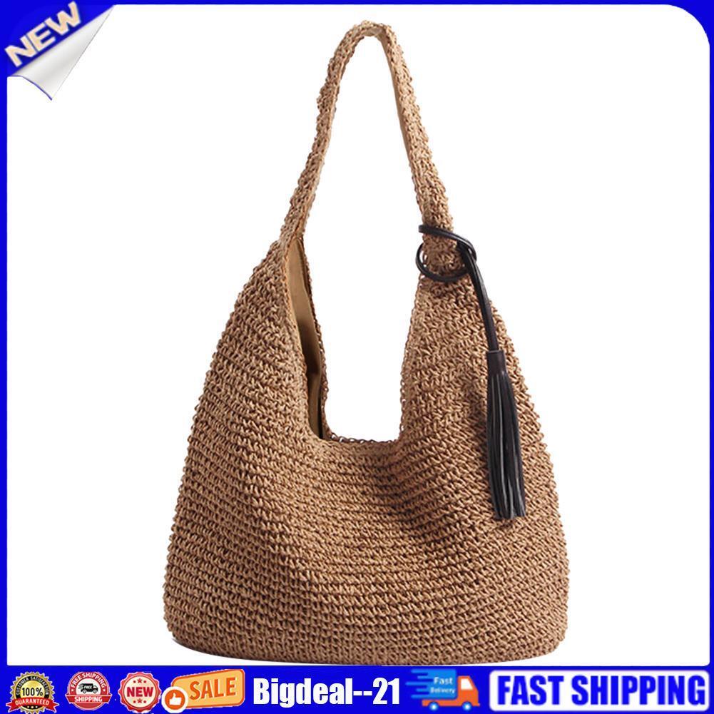 Boho Straw Shoulder Bag Women Large Capacity Woven Beach Vacation Handbags