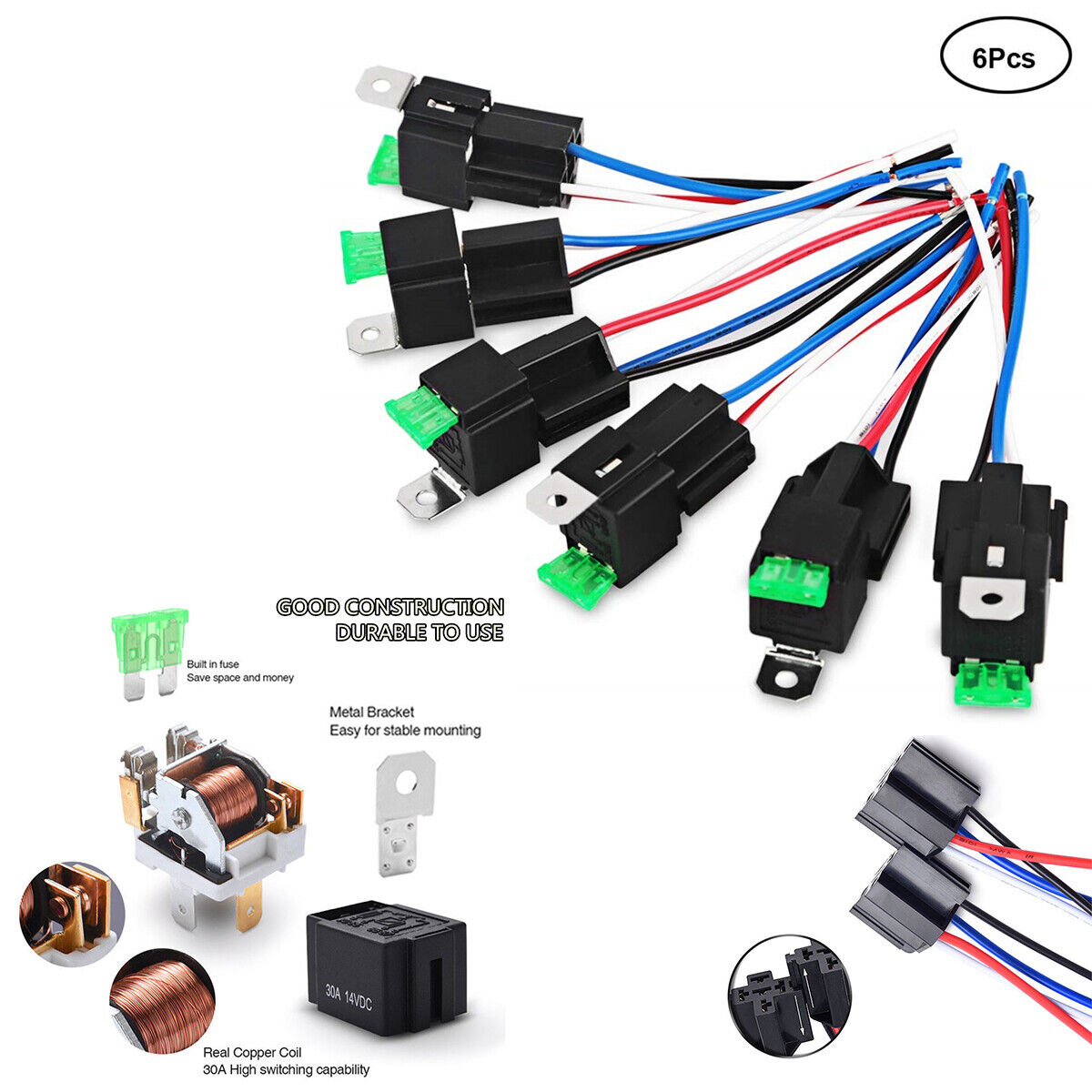 Car Relay Switch Harness Waterproof 6x 4Pin 12V 14AWG Wires 30AMP Fuse Holder