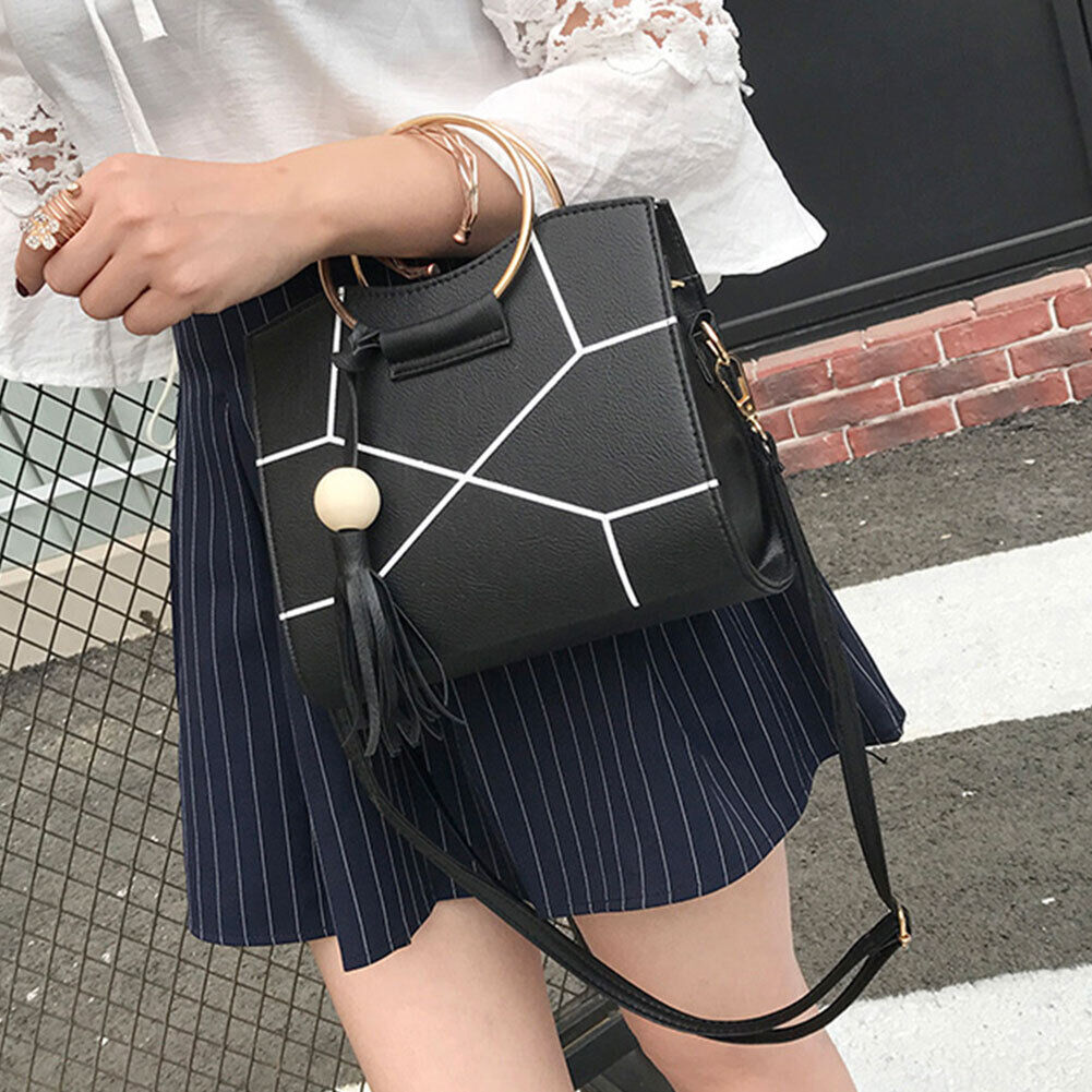 Women PU Leather Floral Printed Tassel Handbag Crossbody Shoulder(Black)