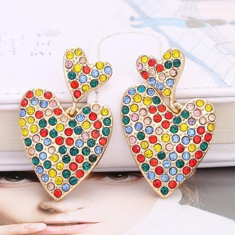 Fashion Double Heart Stud Earrings Rhinestone Alloy Punk Statement Jewelry Gift