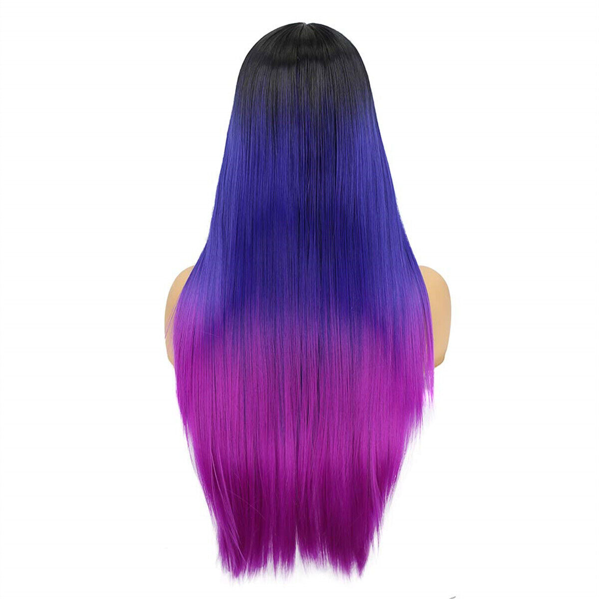 Women Rainbow Wigs Black to Blue to Purple Long Straight Colored Ombre Hair Wigs