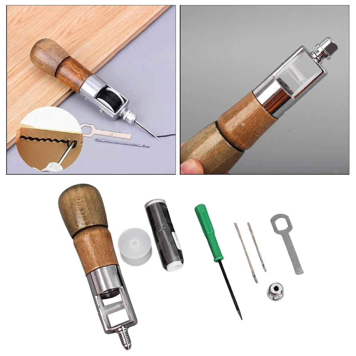 Blesiya 8pcs Sewing Awl Set Wooden Handle Stitching Needles Thread Kit for