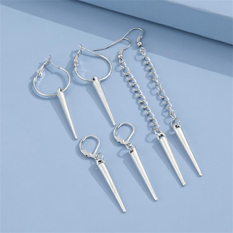 3 Pairs Punk Rock Metal Cone Circle Hoop Earrings Long Chain Dangle Earrings