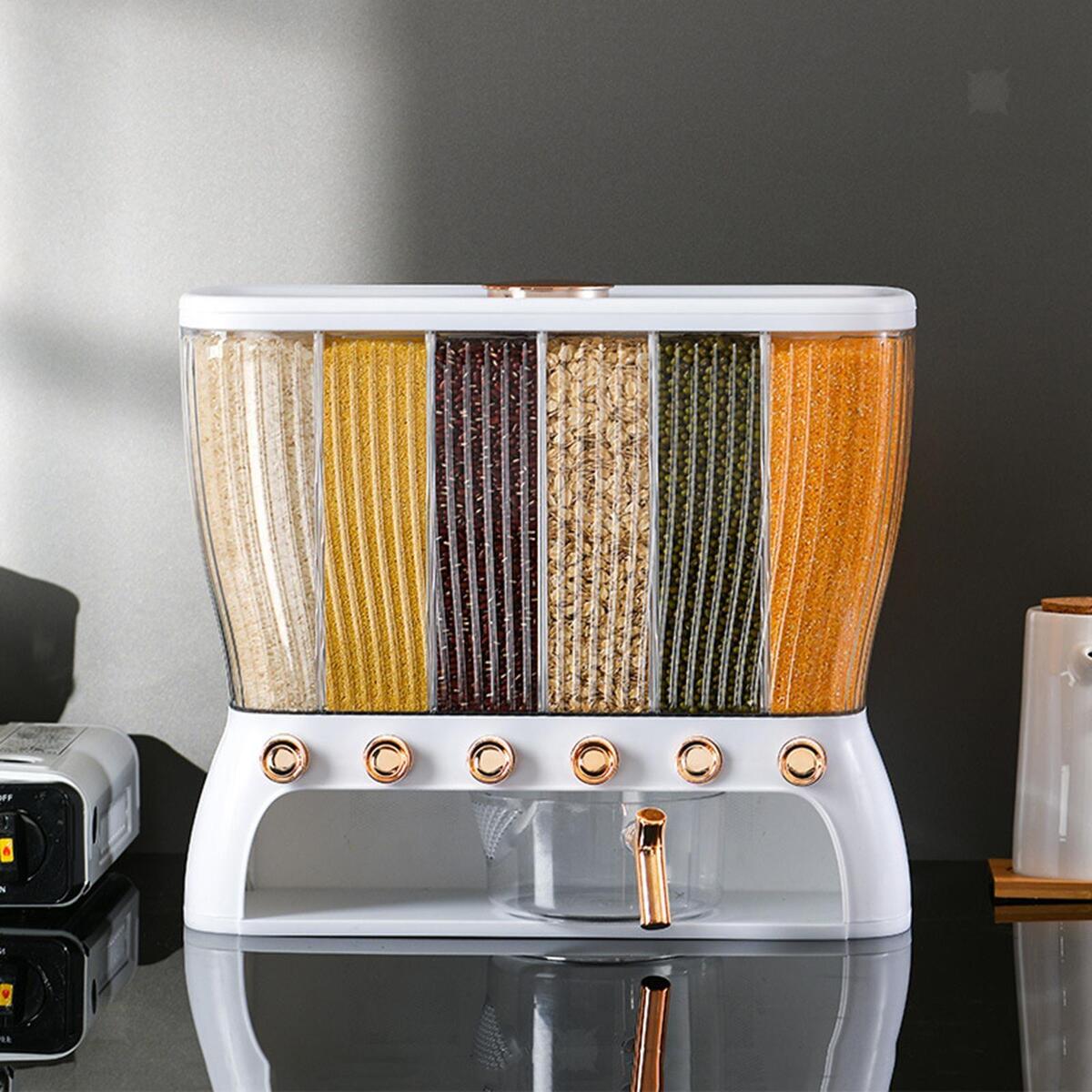 Clear Body 6 Compartments Rice Bucket Grain Dry Food Dispenser Easy to Use