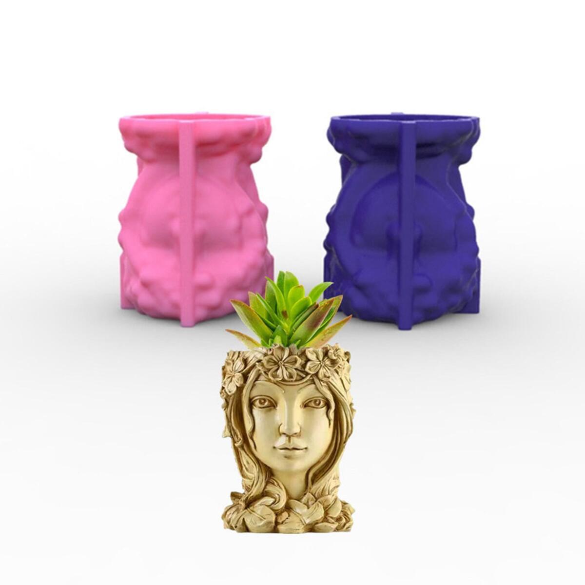 2Pcs Girl Face Flower Pot Silicone Mold Plaster Flowerpot Planter DIY Mould