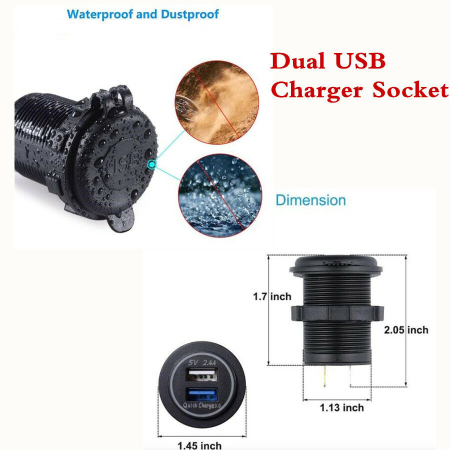 For Car Boat Marine Rv Charger Socket Power Outlet Quick Charge 3.0 / 2.4A Port