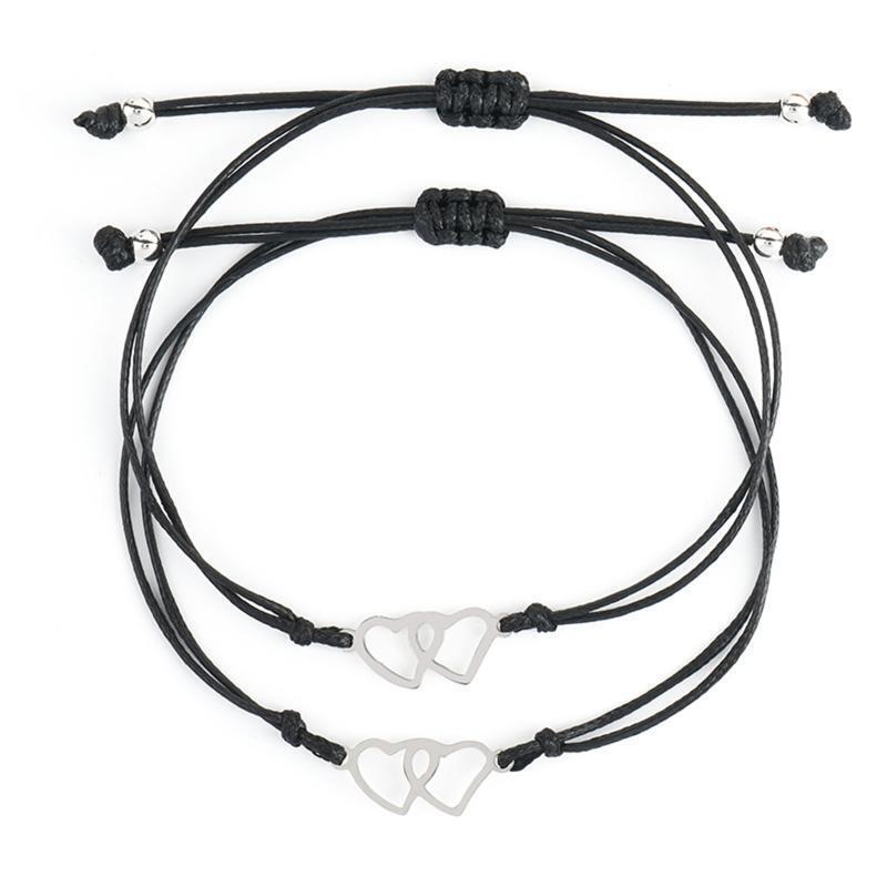 Creative Stainless Steel Heart-shaped Waxed Braided Card Bracelet 2-piece Set