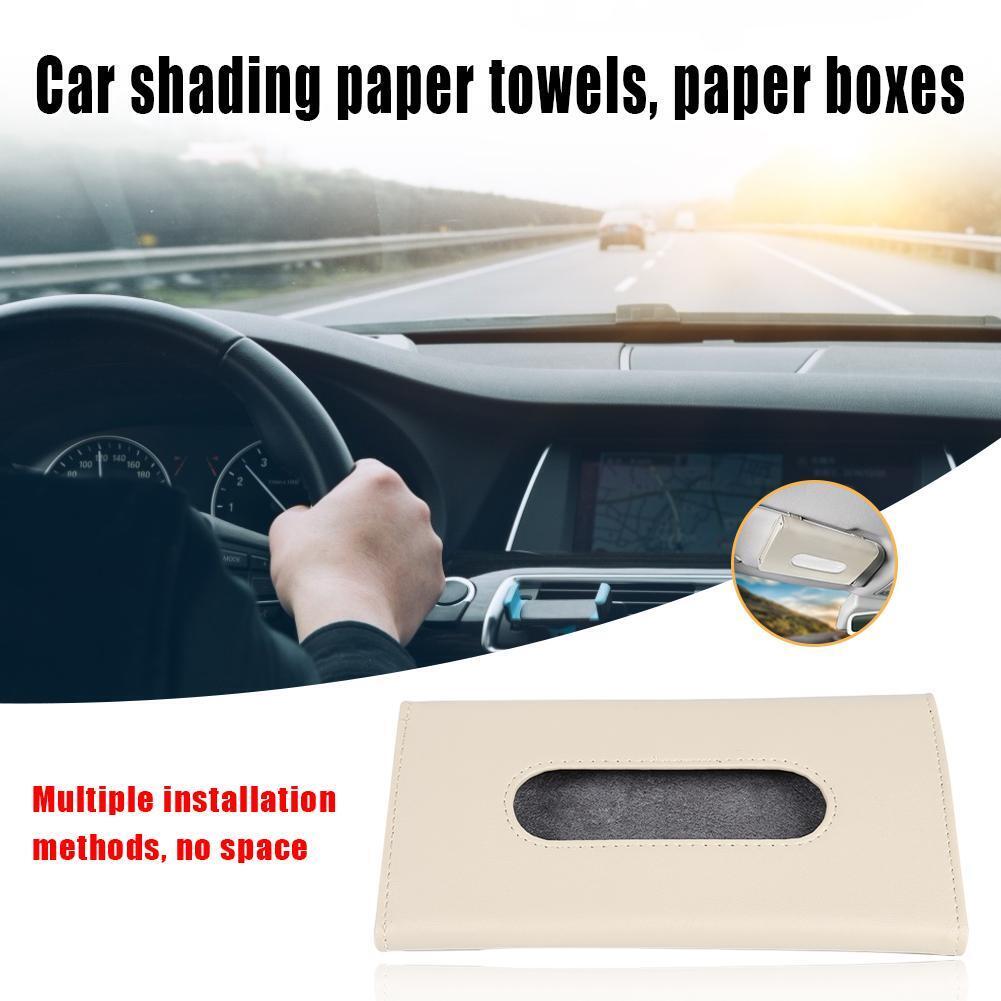 Car Sun Visor Tissue Box PU Leather Paper Napkin Cover Auto Styling (Beige)