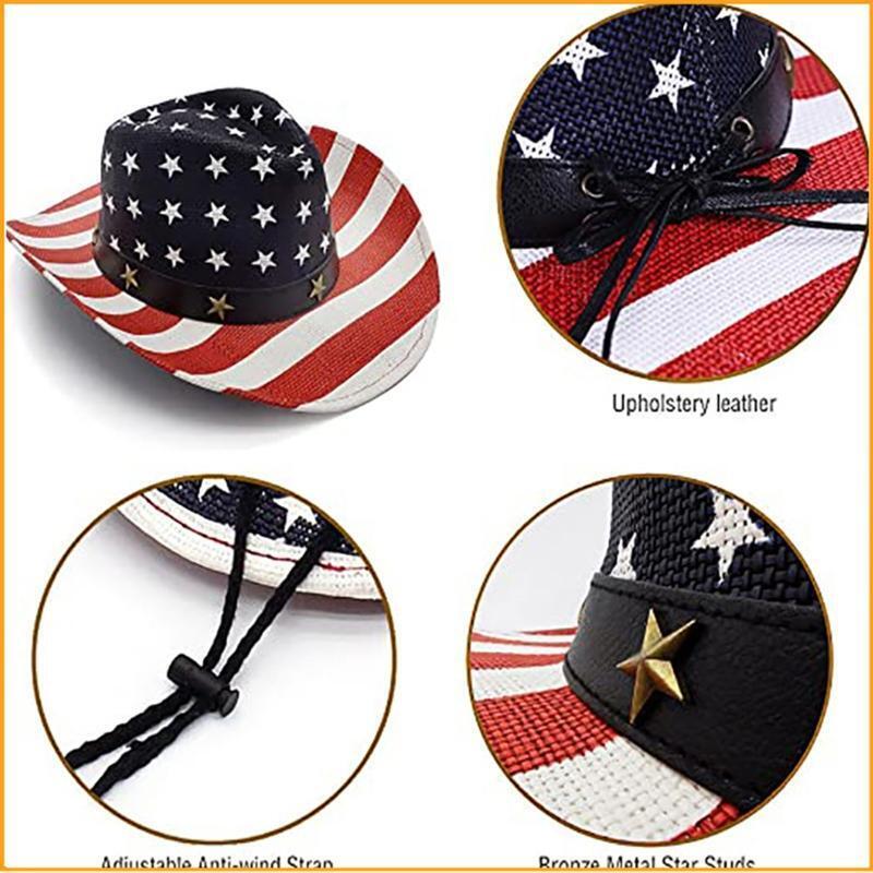 American Flag Western Cowgirl Hat with Windproof Rope Cowboy Hat for Parties