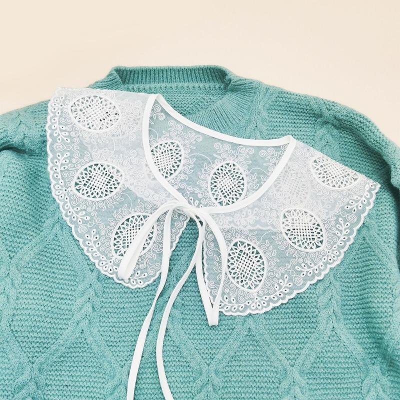 Women Scalloped Trim False Collar Shawl Embroidery Leaves Floral Bow Scarf Cape