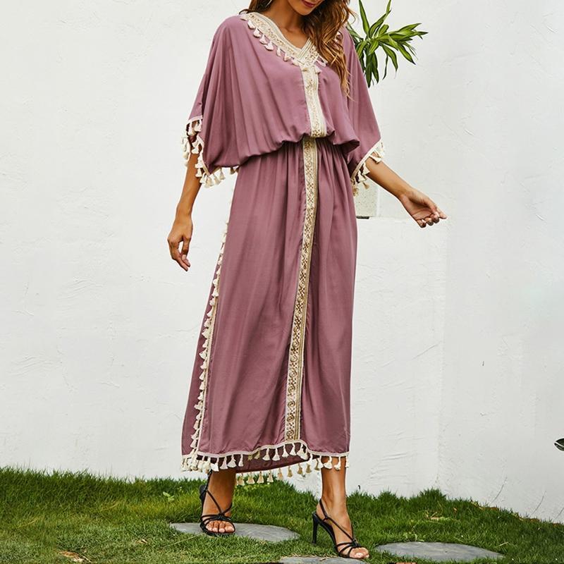 Women Kaftan Robe Batwing Sleeve Beach Cover Up Embroidery Tassel Maxi Dress