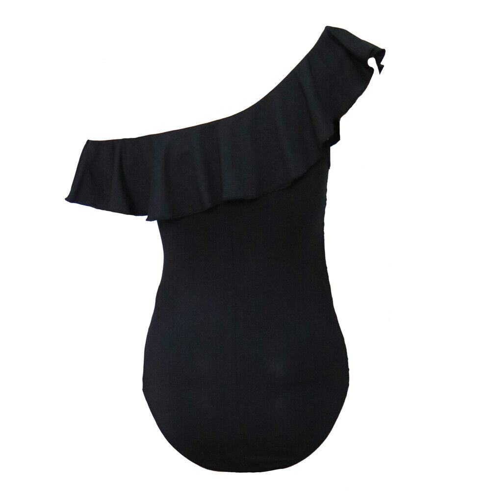 Boat Neck Falbala Strapless Pure Color One Piece Monokini (Black)(XL)