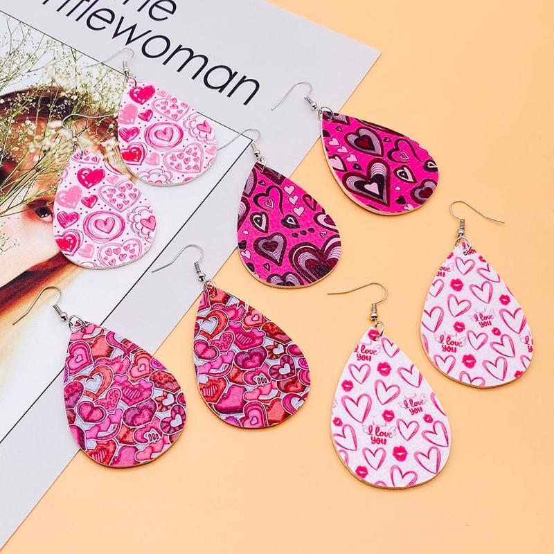 12 Pairs Valentine Day Leather Earrings Women Heart Print Teardrop Earrings Kit