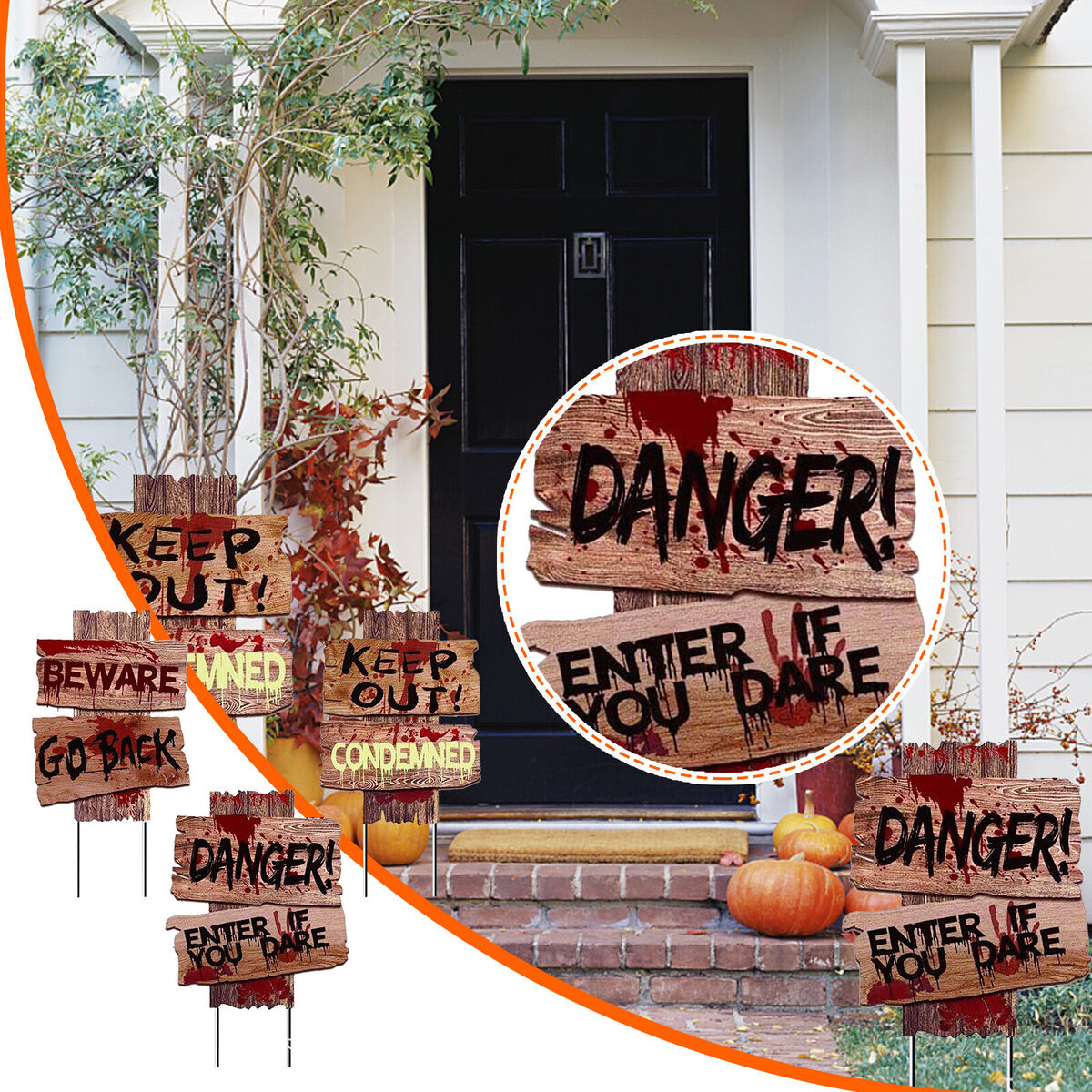 Halloween Yard Sign Stakes Outdoor Creepy Beware Danger Warning Sign 3pcs