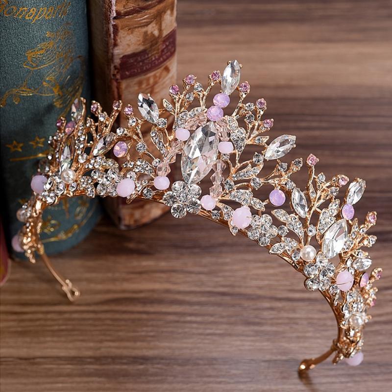 Bride Crown Luxury Wedding Tiara Bridal Women Pink Rhinestone Princess Headwear