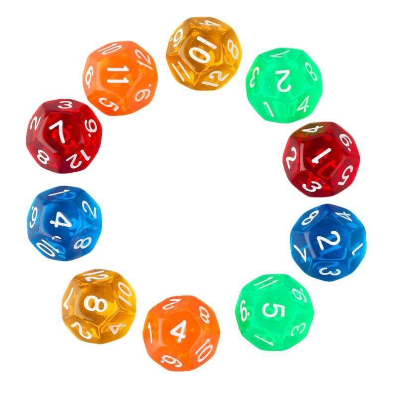 10Pcs Transparent Acrylic Dices 12 Sided Dice Digital Number Cubes Round Corner