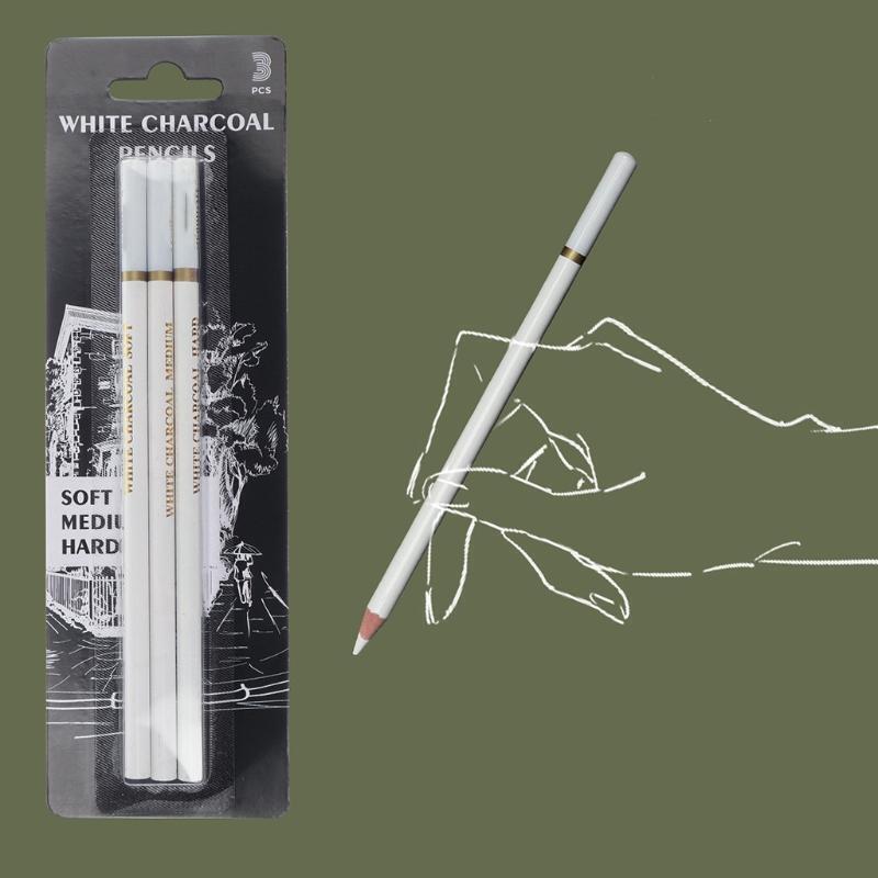 3 Pieces Professional White Charcoal Pencils Set Art Drawing Graphite Pencils