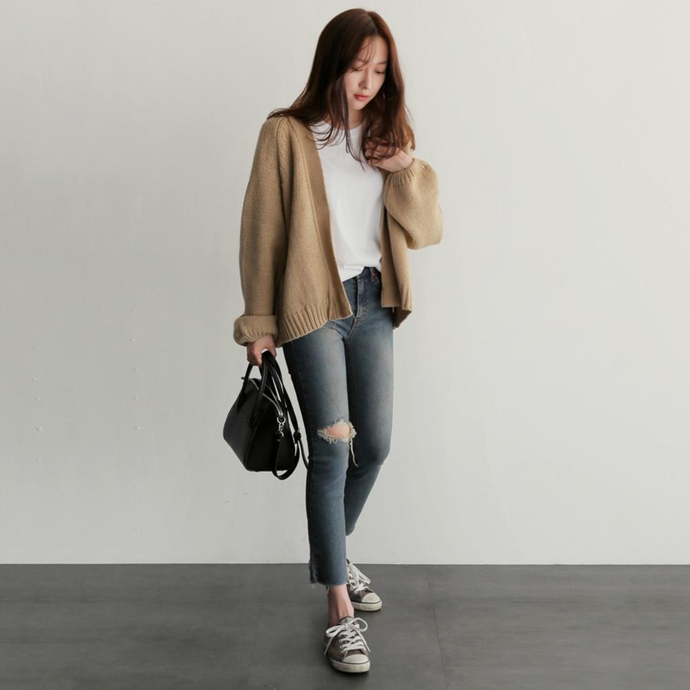 Women Short Style Long-Sleeves Coat Knitted Solid Color Cardigan (Khaki)